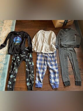 Three-Pair Kids Pajama Set - Space, Blue Plaid & Black Stripe